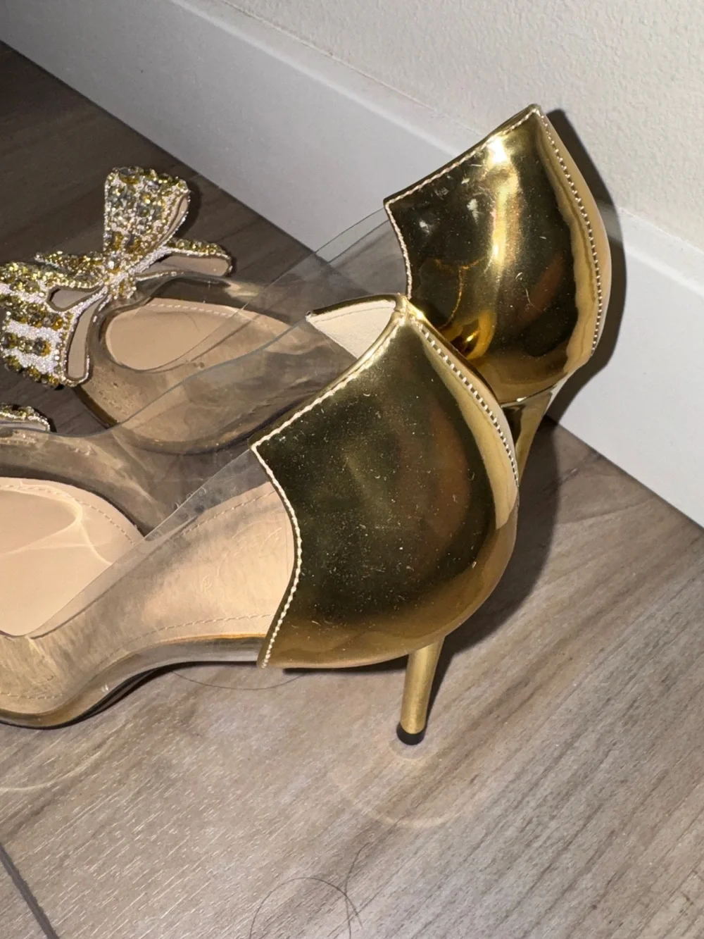 Gold Crystal Bow Pointed-Toe Stiletto Heels